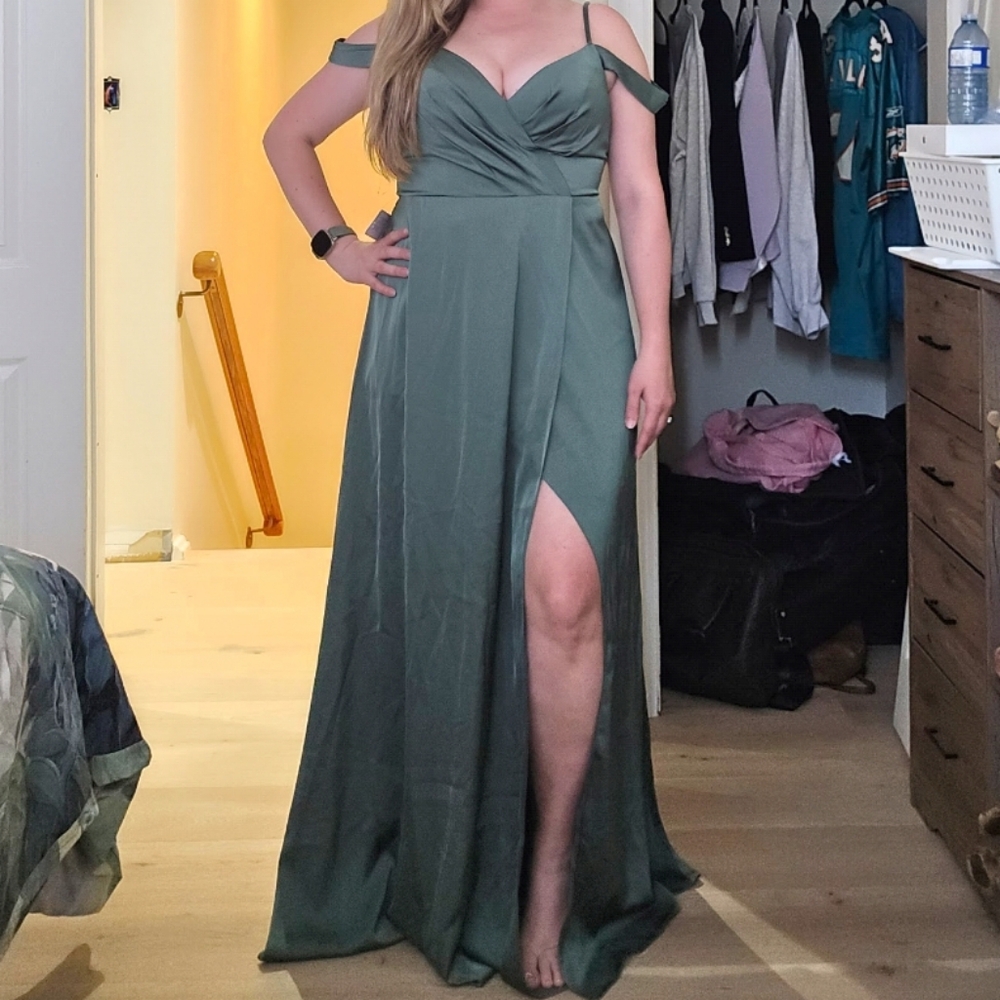 Azazie Olive Green Long Sleeve Off-Shoulder Gown
